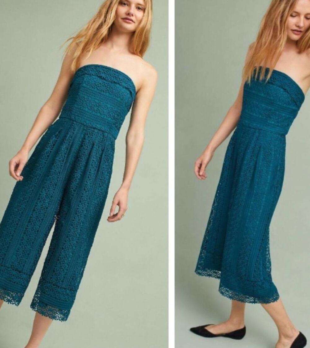 Anthropologie Greylin Green Crochet Lace Strapless Jumpsuit-XS NWOT